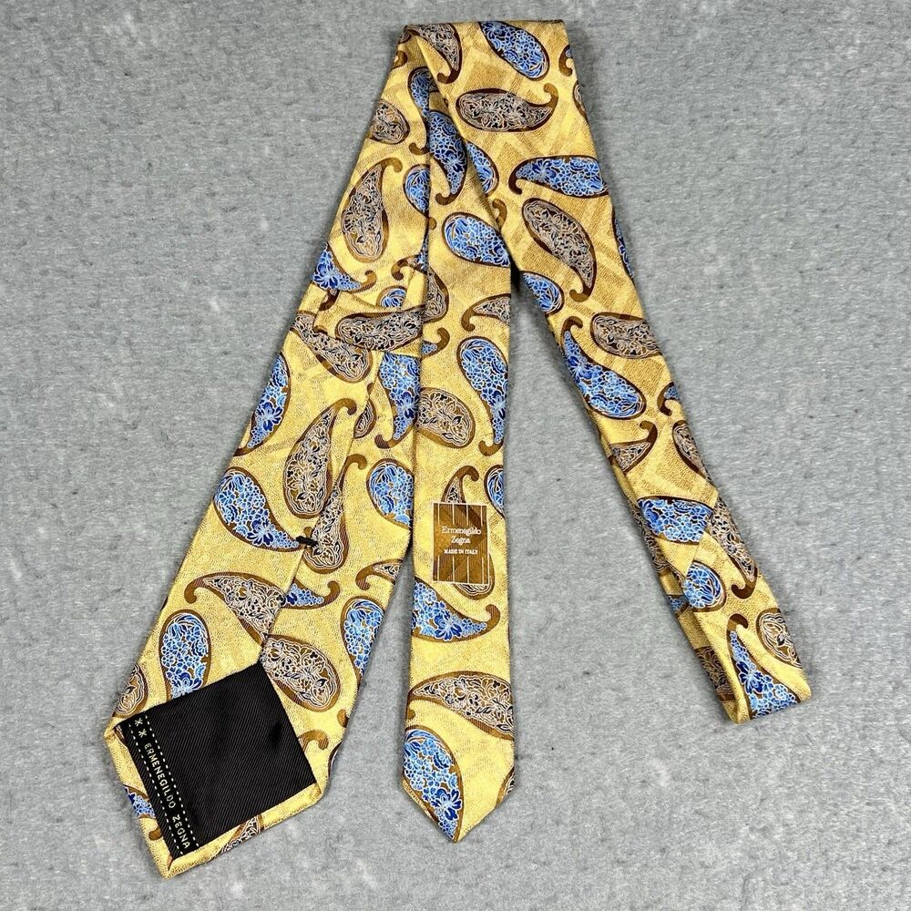 ERMENEGILDO ZEGNA Neck Tie RECENT! Gold Yellow Blue Paisley 3.5" Woven 100% Silk